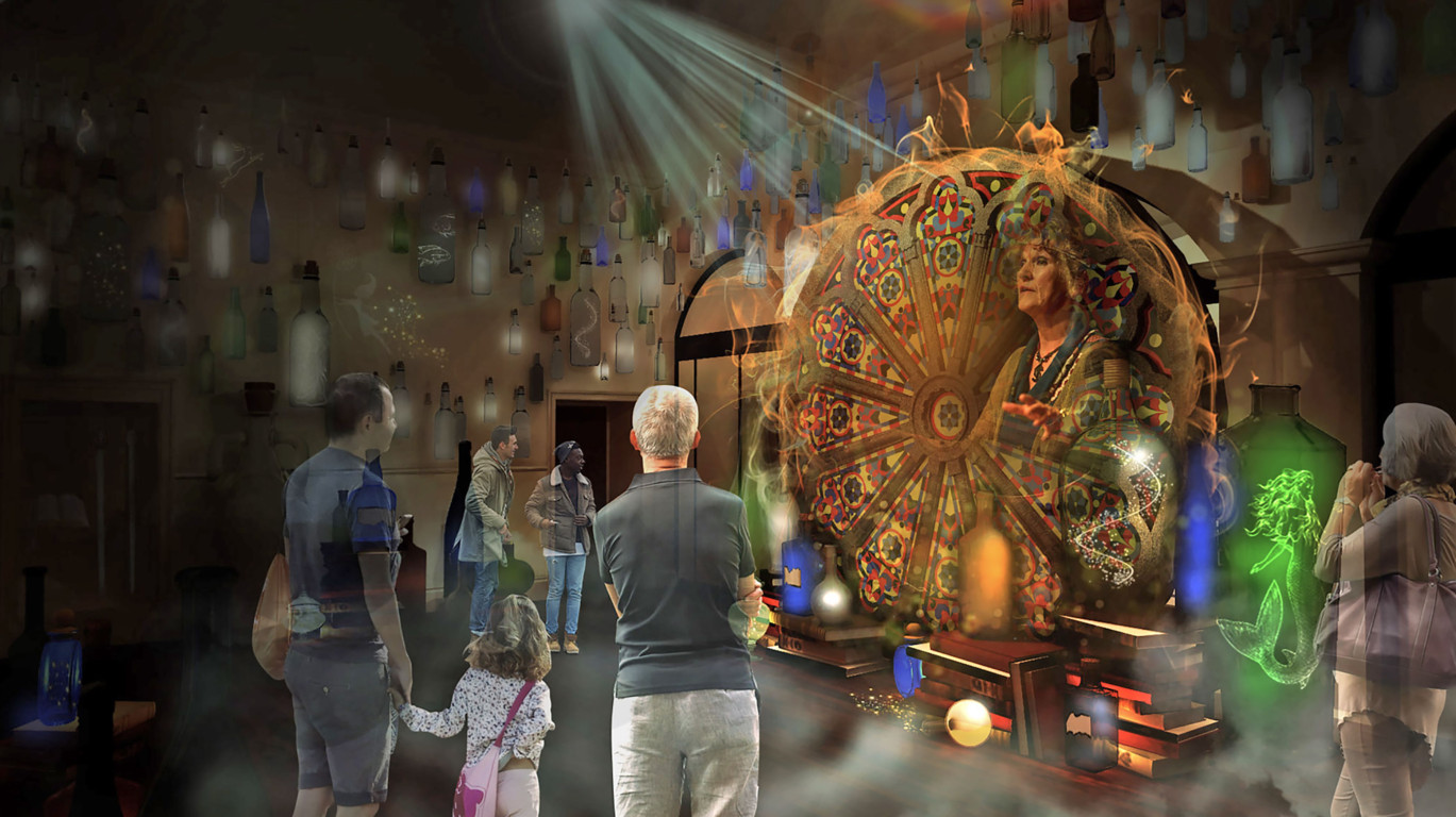 Artist impression of the Seanchaidh (storyteller) in the Rose Window room in the Inverness Castle Experience