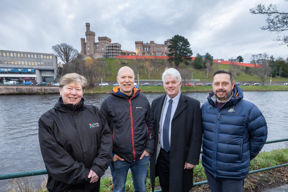On the bank of the River Ness with the Inverness Castle background. L to R: Fiona Hampton – Director of Inverness Castle High Life Highland, Jim Ibbetson - Managing Director, Workhaus Projects Cllr Ian Brown the Highland Council, Jason Kelman – Principal Project Manager the Highland Council